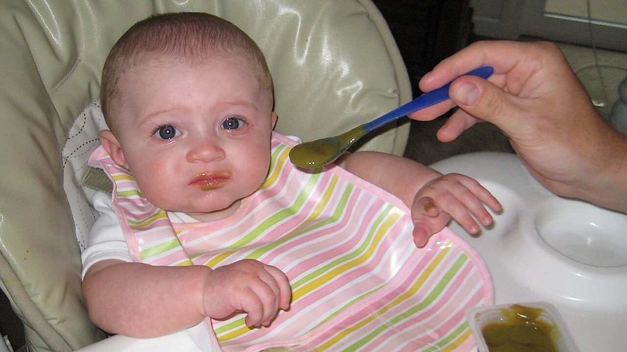 Bebekler için ahşap masada taze hazırlanmış kasede irmik çorbası ve besleme kaşığı